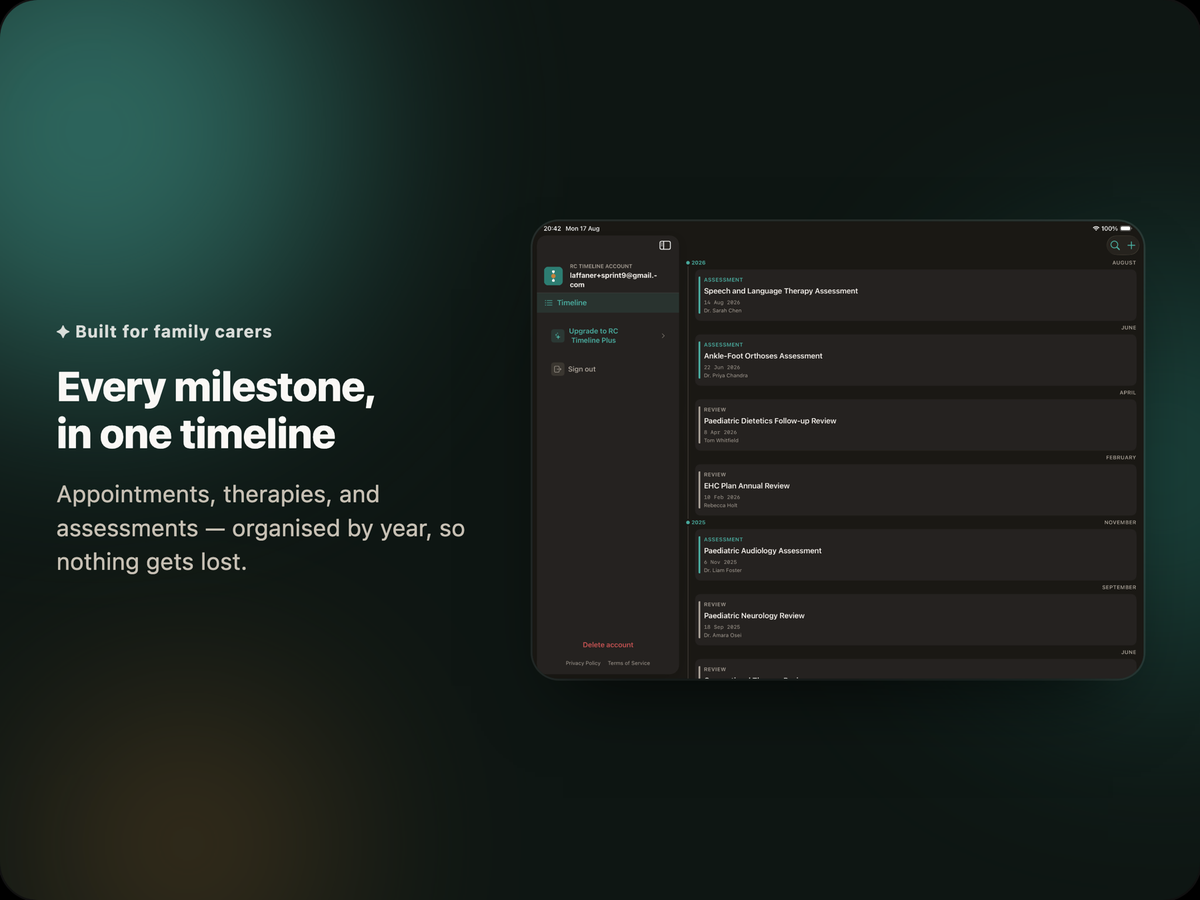 RC Timeline on iPad: a child's timeline of assessments and reviews, organised by year and month.