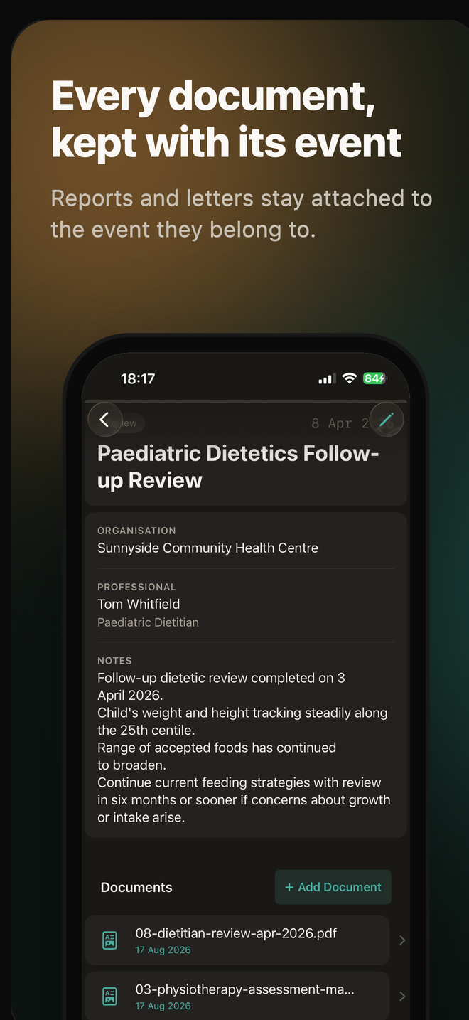 An event on iPhone with its organisation, professional and notes, and two documents attached.