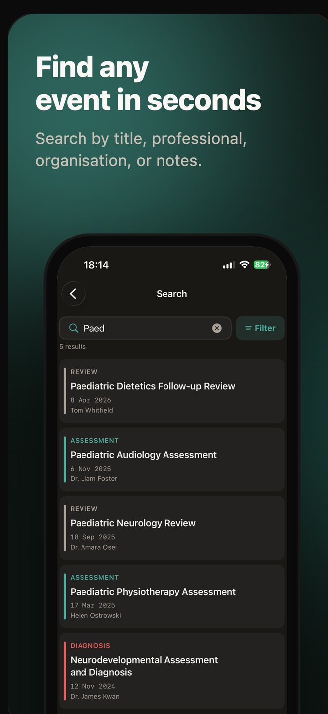 Search on iPhone: typing 'Paed' finds five paediatric appointments across the years.