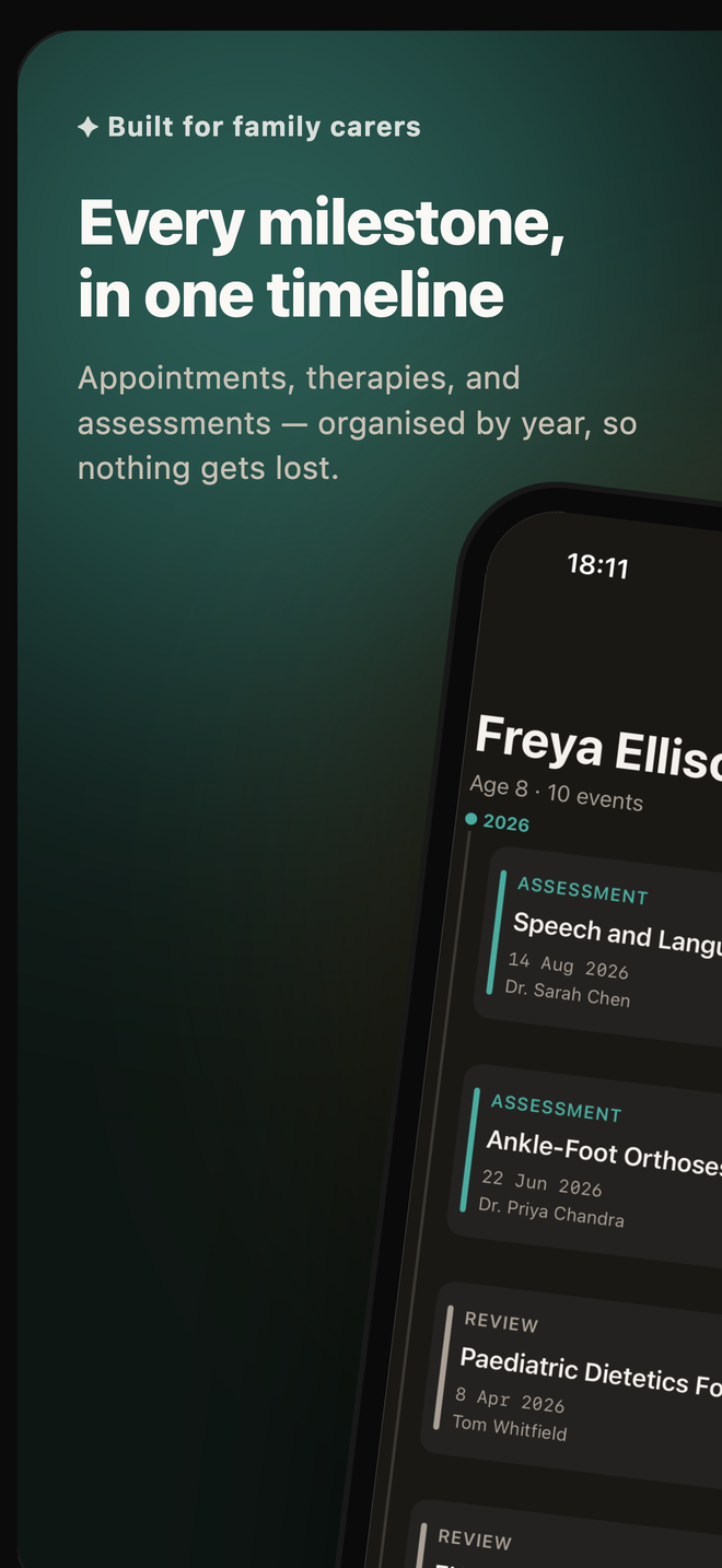 The timeline on iPhone: a child's assessments and reviews in date order, each with the professional's name.